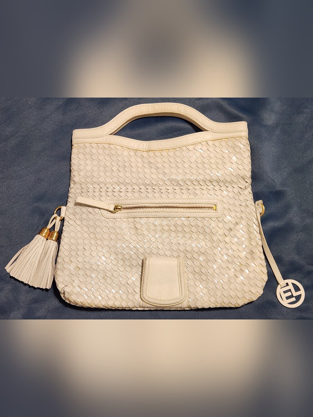 Vintage Style Elliott Lucca White Woven Leather & PVC Fold-Over Tassel Handbag